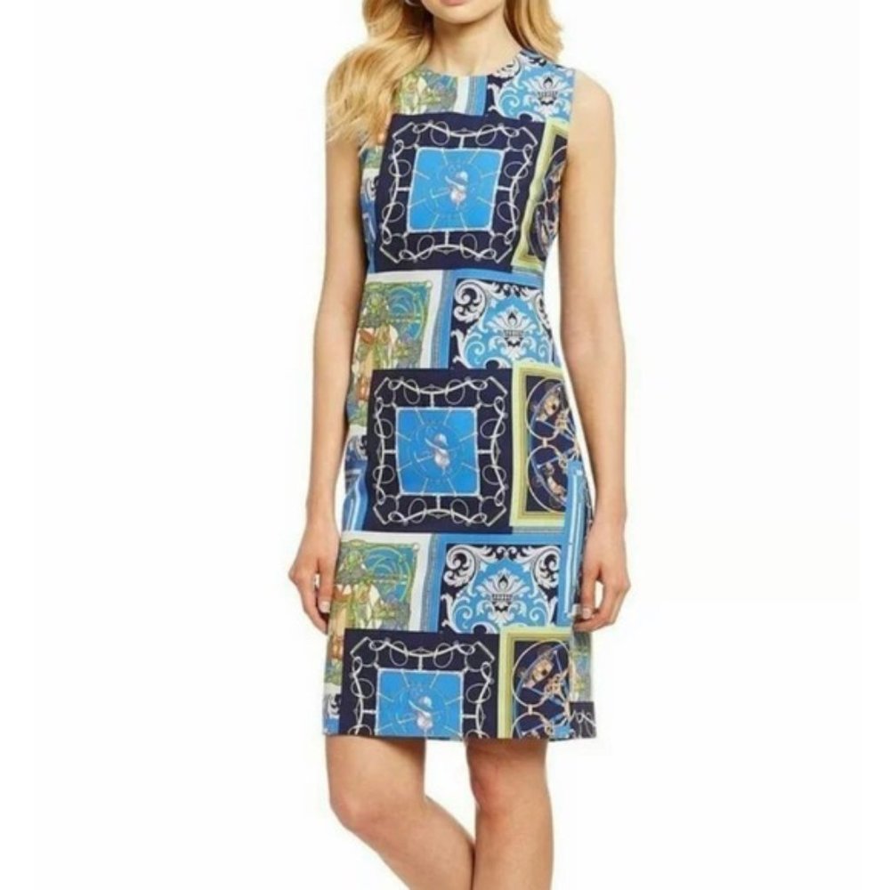 J. Mclaughlin Belinda Sheath Dress Size 6 Heraldic Patwork Print Blue NWT $228